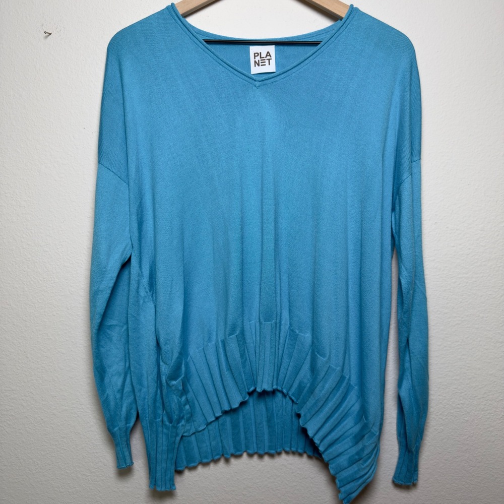 Planet Women Pima Cotton V Neck Sweater One Size Blue Cropped Ribbed Hem Artsy